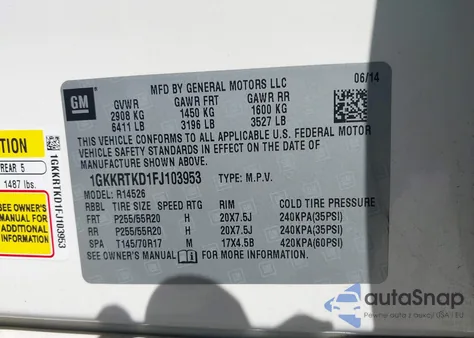 2015 GMC Acadia Denali from USA, damaged, VIN 1GKKRTKD1FJ103953